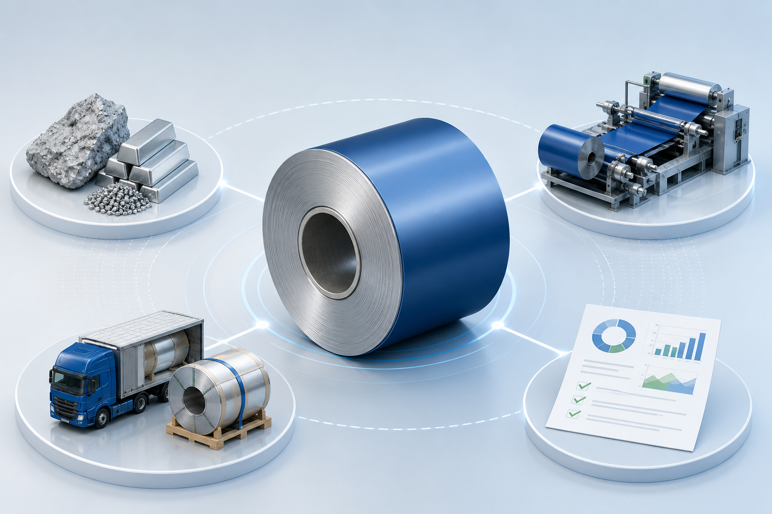 Technical illustration linking a coated aluminium coil to raw metal, coating, logistics and verification evidence