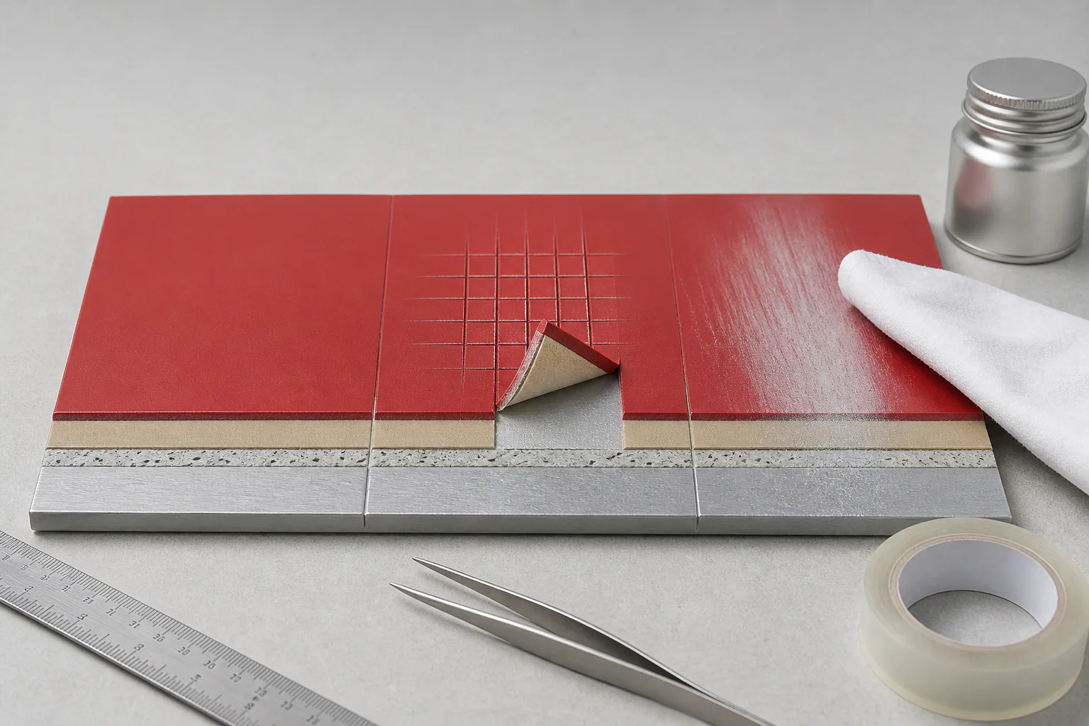Technical cutaway of prepainted aluminium showing intact coating, cross-cut adhesion and solvent-rub evidence areas