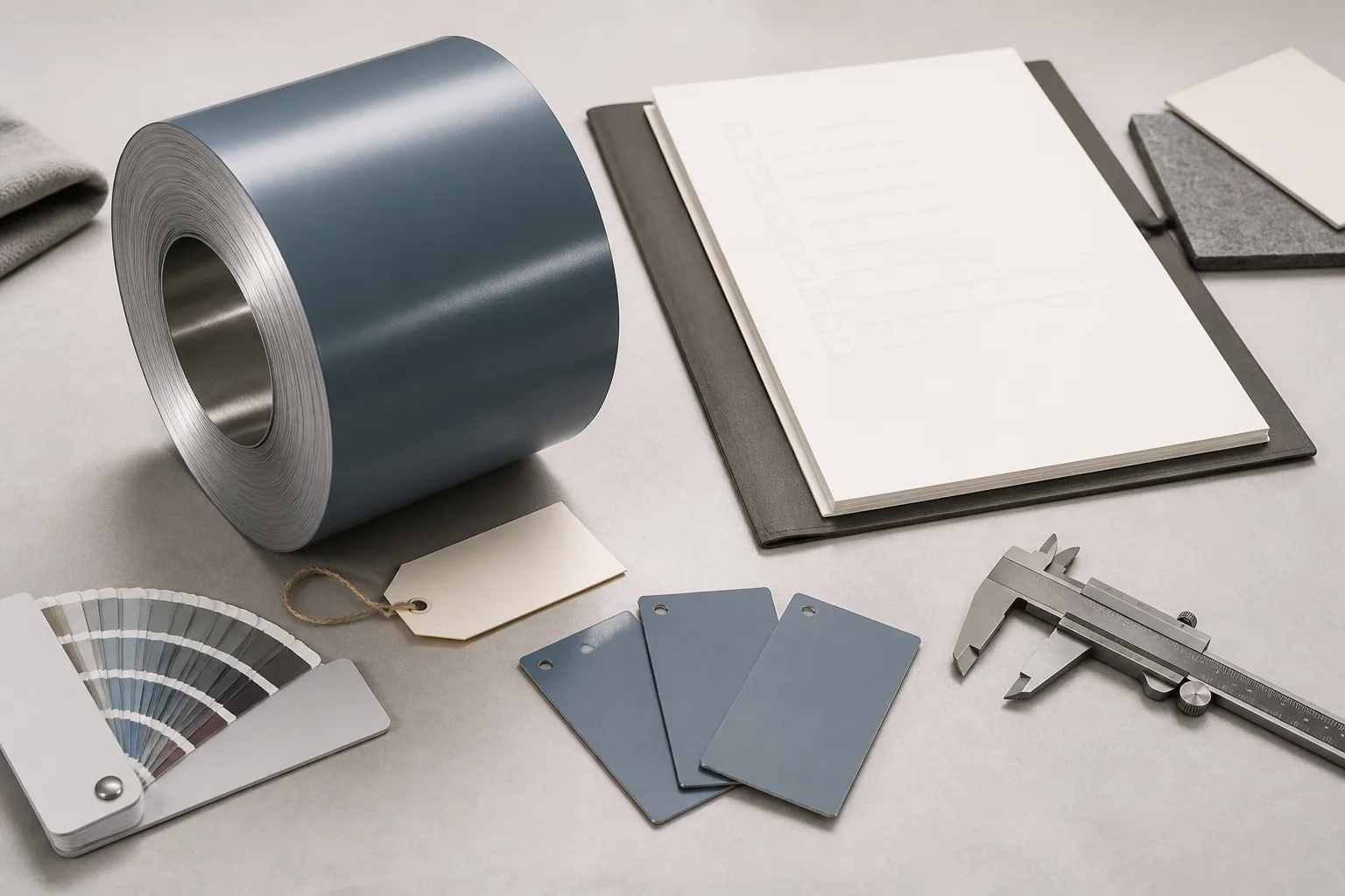 Generic prepainted aluminium coil, coated coupons, blank release checklist, sample tags and caliper on a quality-control bench