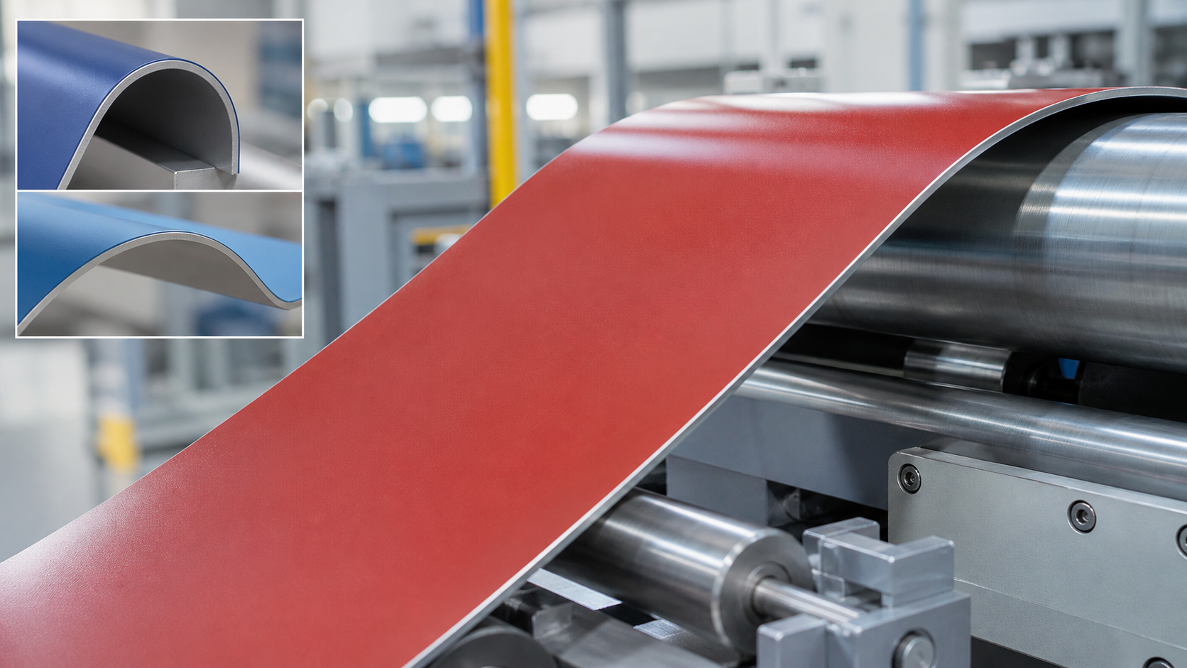 Red-coated aluminium strip bending smoothly through roll-forming equipment, with a comparison of bend radii in the upper left