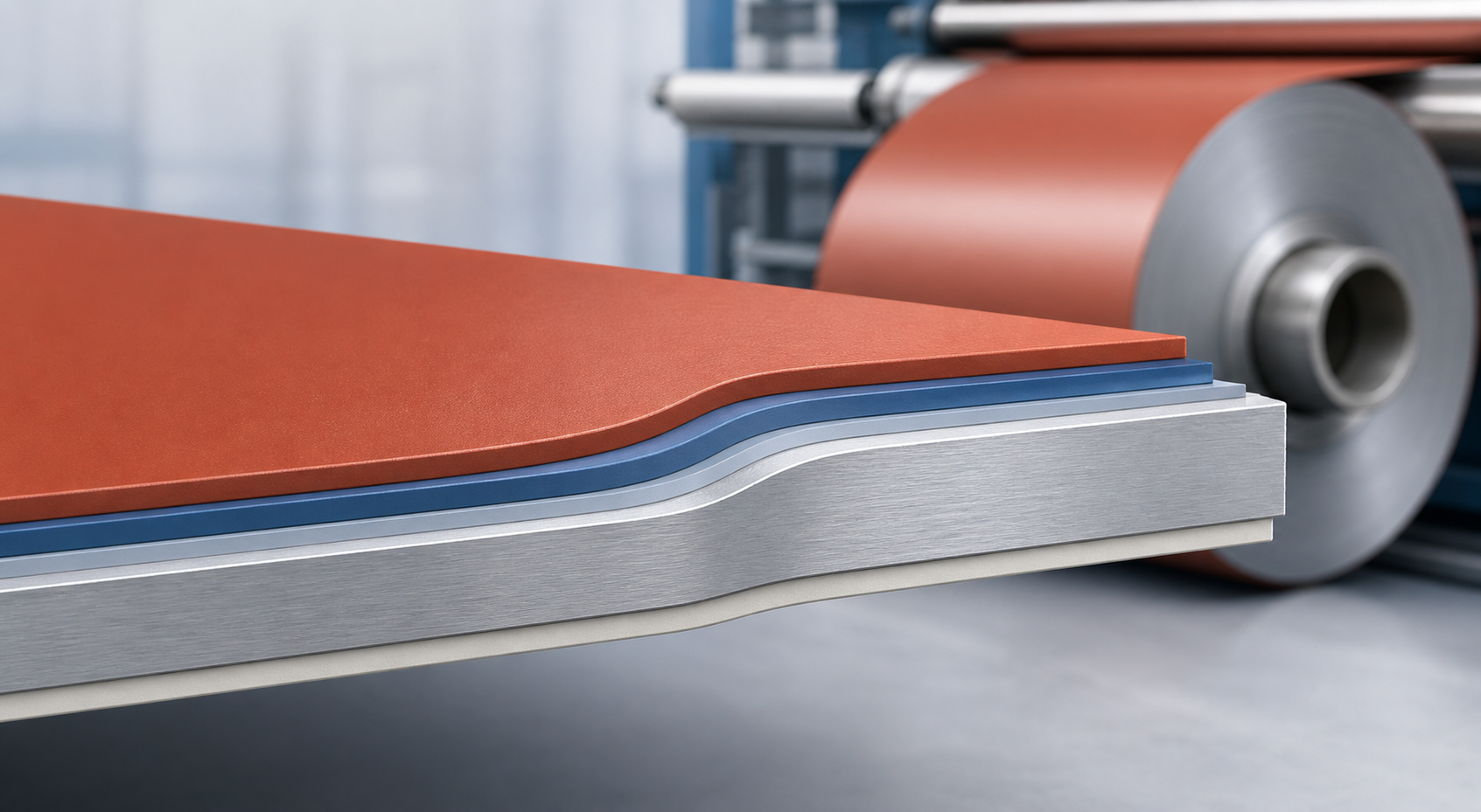 Cutaway of prepainted aluminium showing a red topcoat, blue primer, silver aluminium substrate and light backcoat in front of a coil coating line