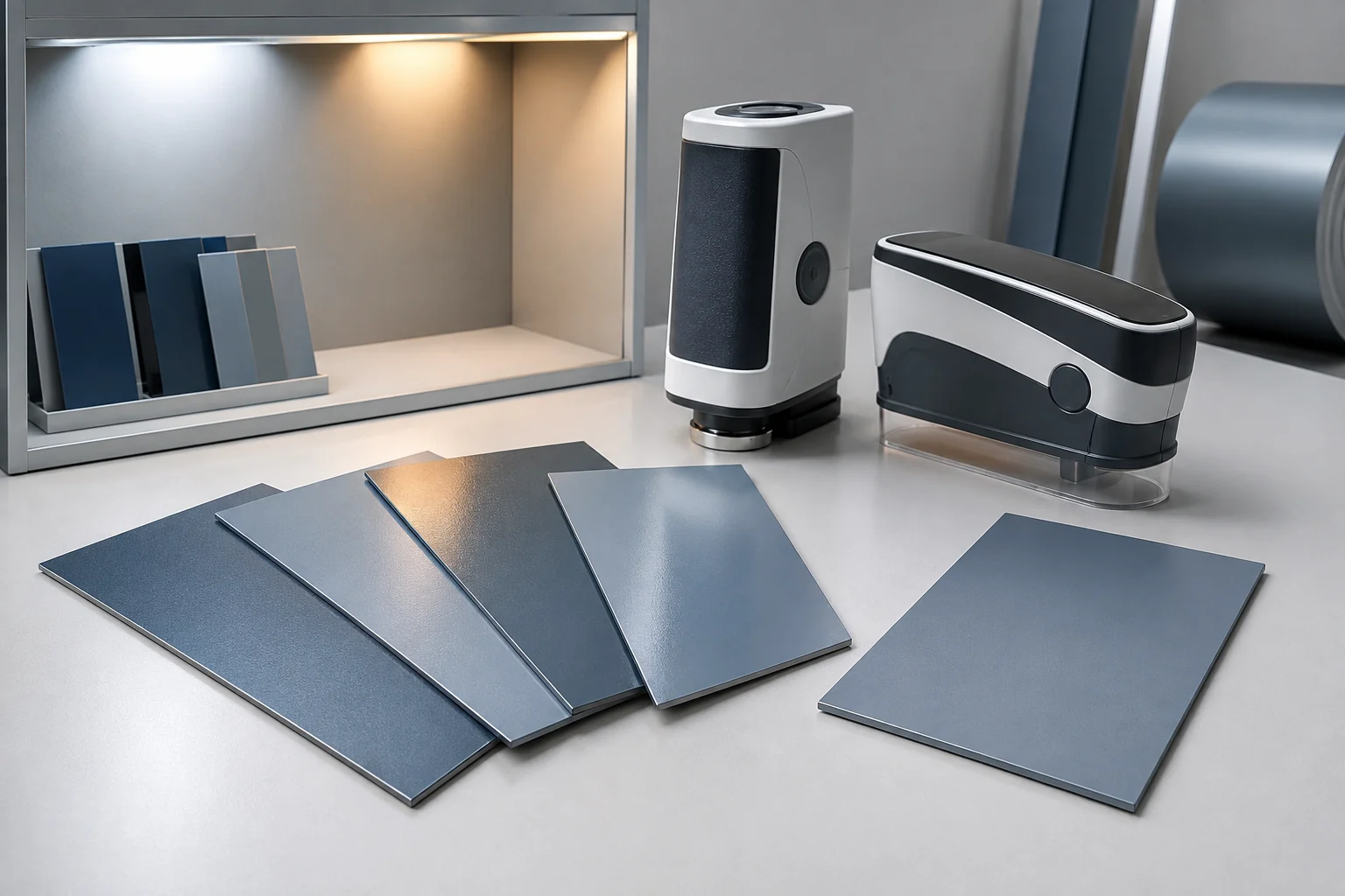 Generic blue-grey prepainted aluminium reference and production panels beside a spectrophotometer, gloss meter and controlled light booth