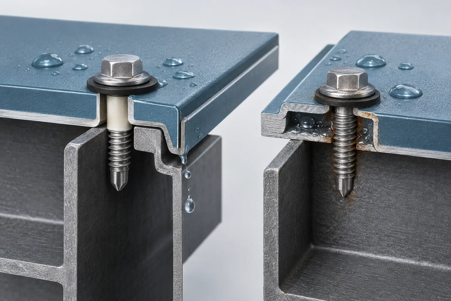 Technical cutaway comparing a drained isolated fastener joint with a moisture-trapping fastener joint in prepainted aluminium panels