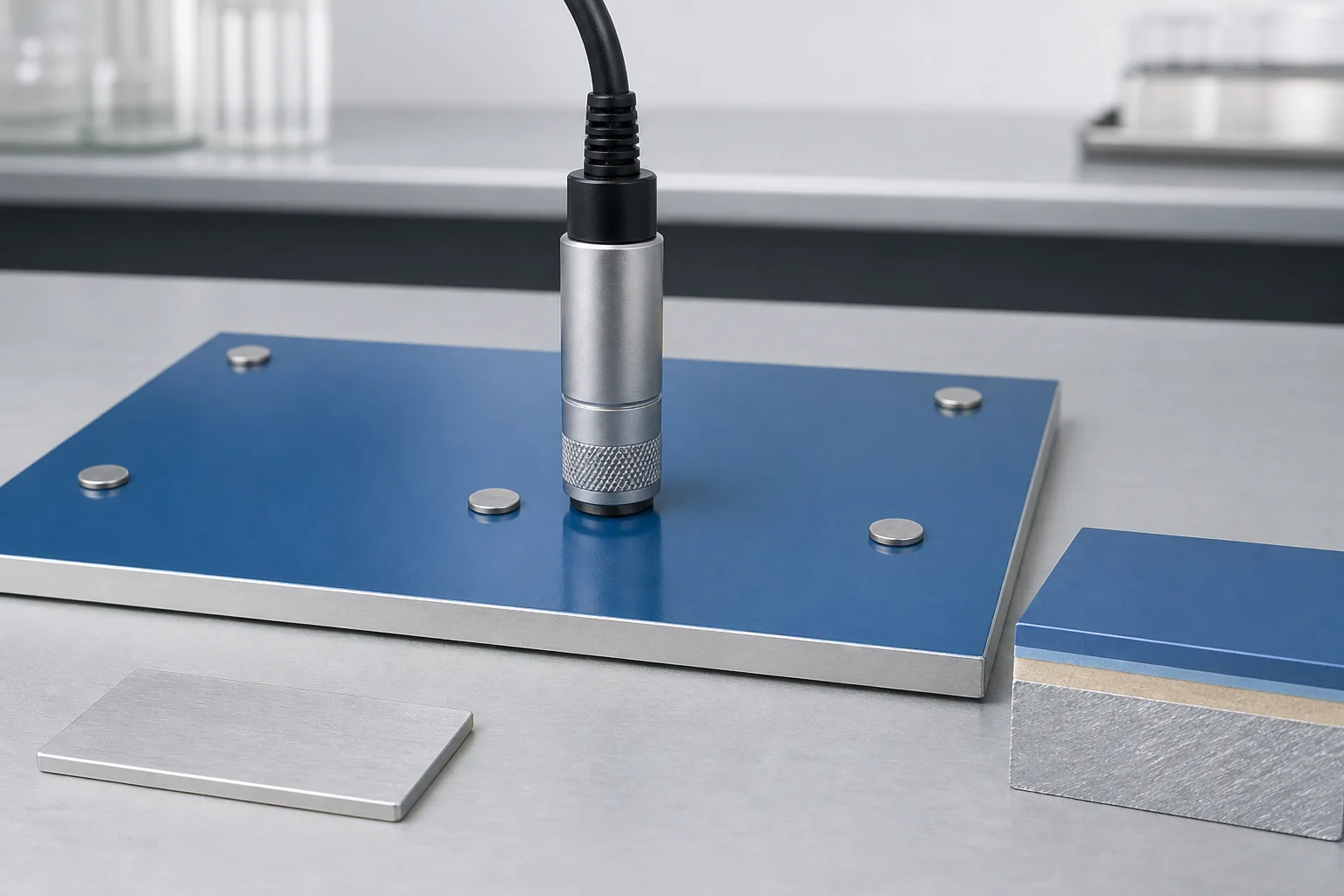 Generic eddy-current probe measuring a blue prepainted aluminium panel beside an uncoated reference coupon and coating cross-section