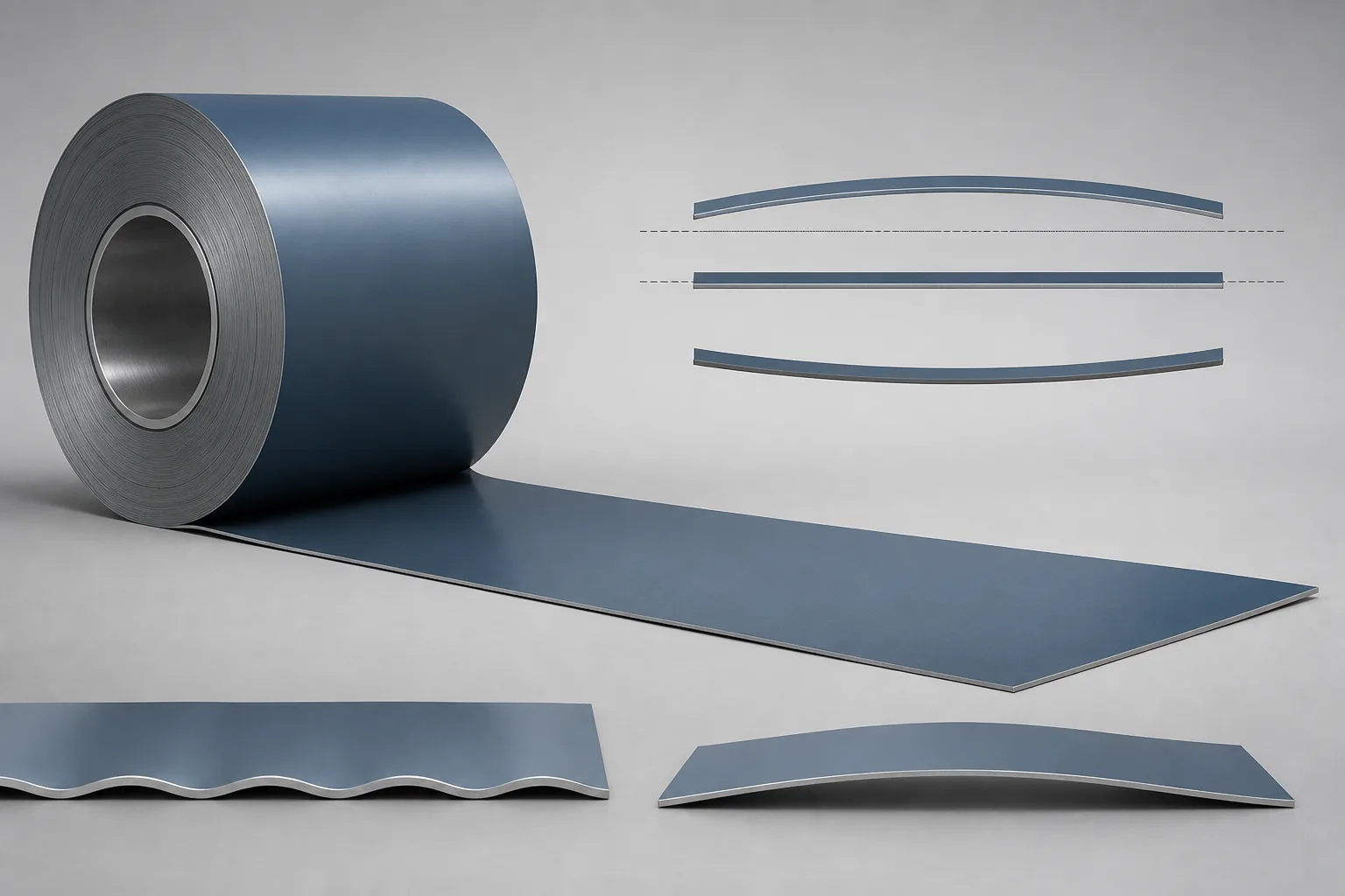 Generic blue-grey prepainted aluminium coil and uncoiled strip with straight, laterally curved, edge-wave and centre-buckle comparison shapes