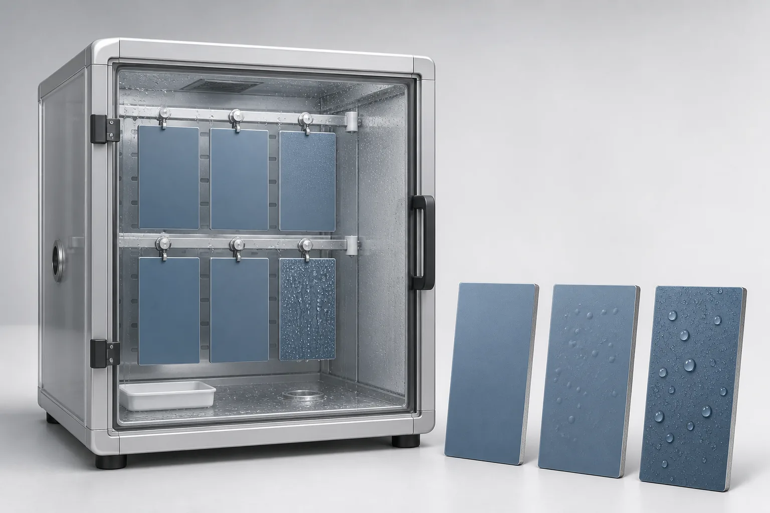 Generic humidity cabinet with blue prepainted aluminium coupons and intact, blistered and condensation-covered comparison panels