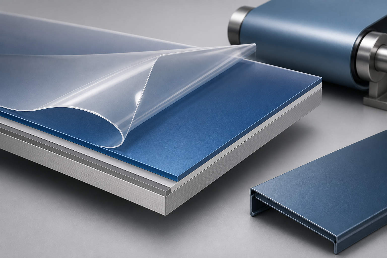 Clear temporary protective film peeling from a blue prepainted aluminium sheet beside a formed panel