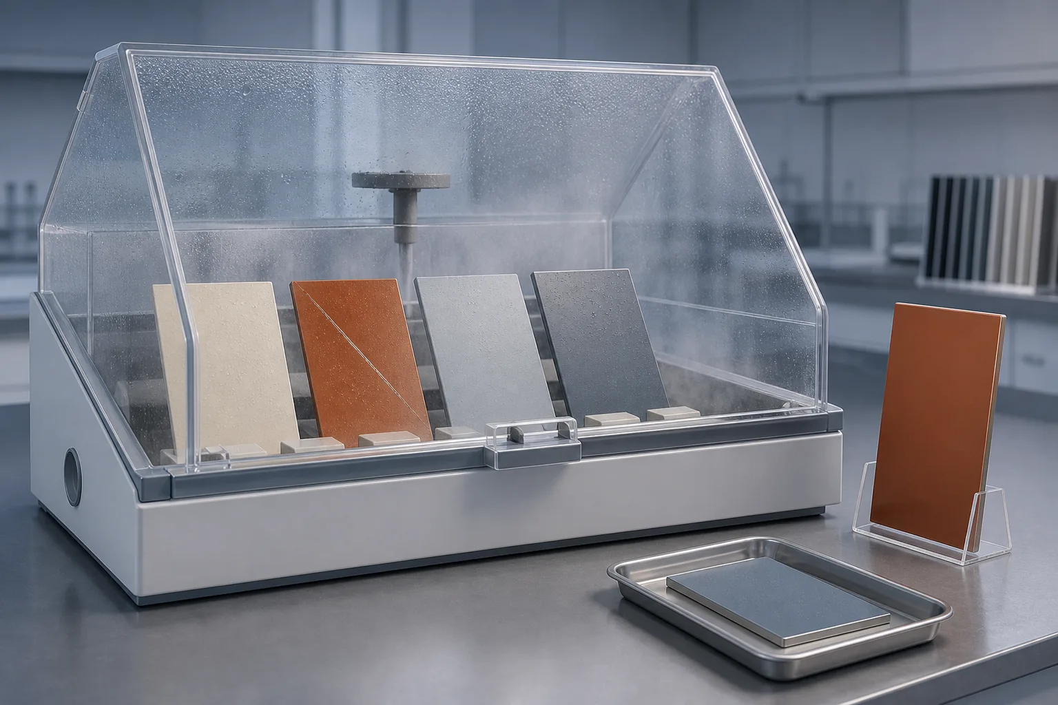 Technical illustration of coated aluminium reference and scribed panels inside a laboratory salt-fog chamber