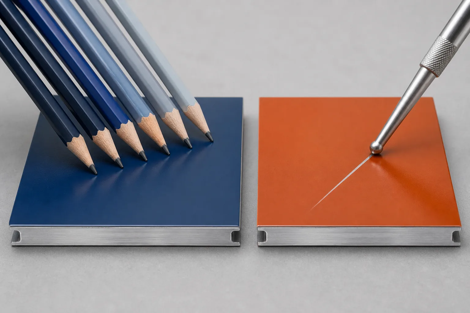 Technical illustration comparing pencil-hardness and controlled-stylus scratch checks on coated aluminium panels