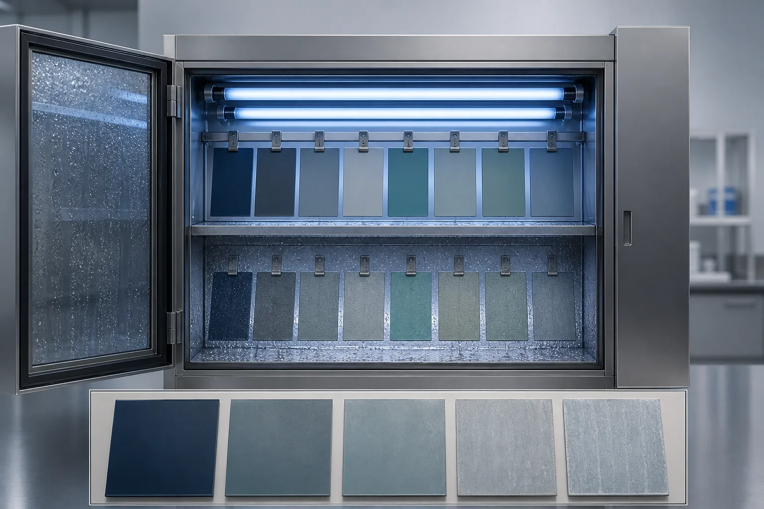 Generic accelerated weathering chamber with UV lamps, condensation and blue-grey prepainted aluminium comparison coupons