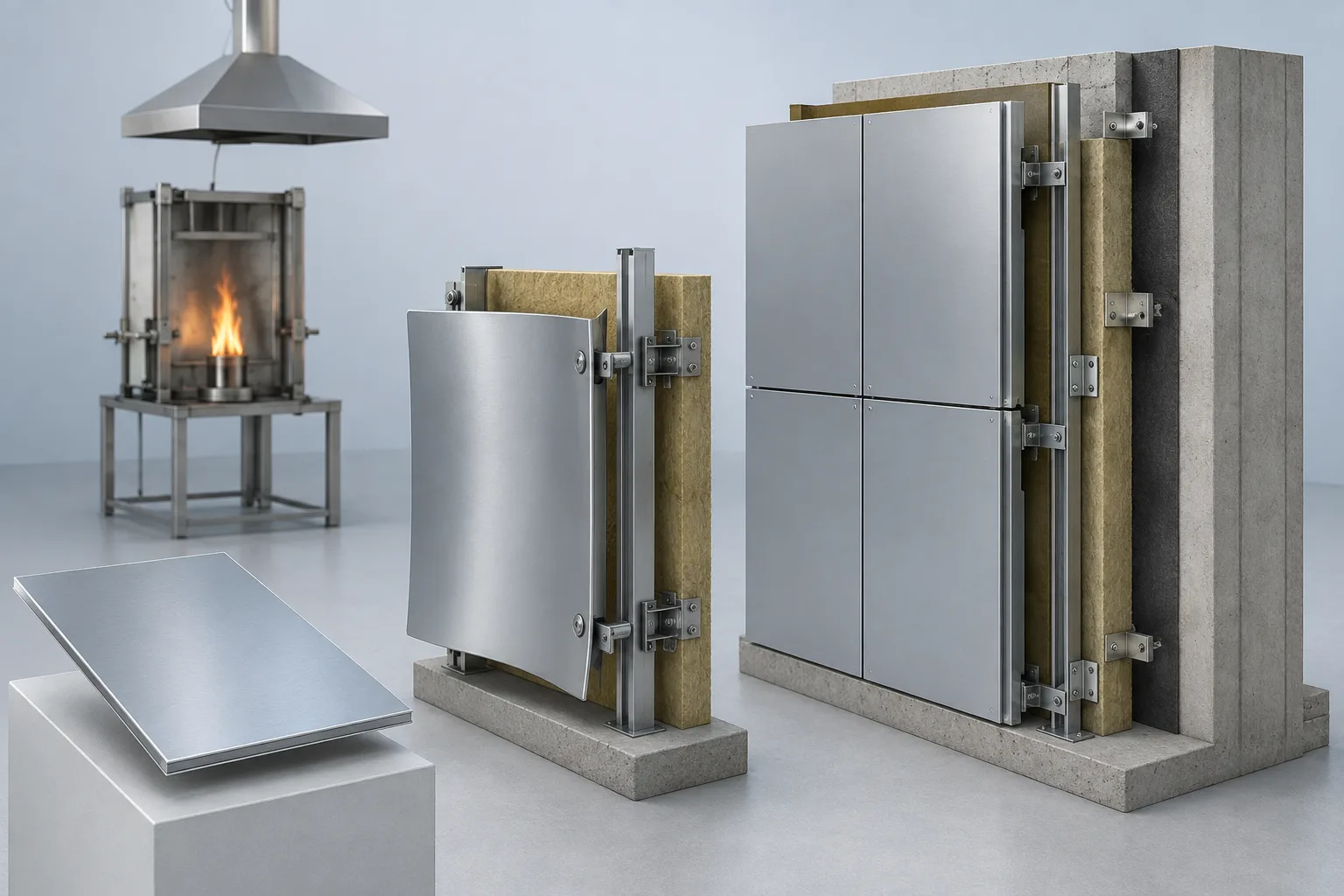 Technical illustration separating a solid prepainted aluminium sheet, formed cladding panel and complete facade assembly beside a controlled fire-test rig